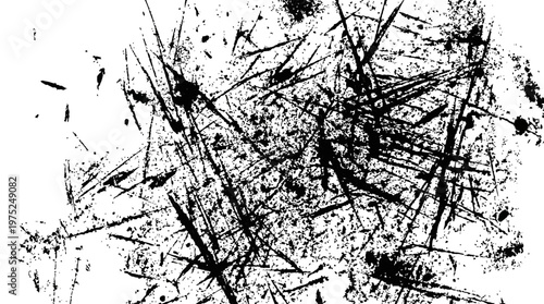 Abstract black ink splatter with scattered lines and dynamic strokes on white background.