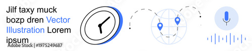 Productivity tools, navigation technology, AI voice control, time tracking, geolocation, smart systems. Clock, globe with map markers microphone icon. Time management and navigation technology