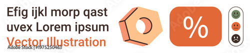 Data analytics, business strategies, decision-making, metrics monitoring, feedback systems, statistics. A percentage sign with a hexagonal shape and emotive feedback icons. Data analytics