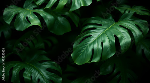 Large monstera deliciosa leaves featuring intricate patterns captured in high contrast dramatic lighting with a lush dark moody tropical botanical aesthetic