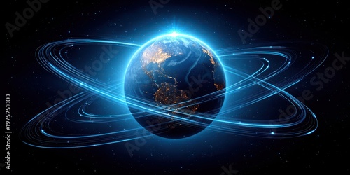A glowing Earth surrounded by luminous orbital rings against a starry space background, symbolizing global connectivity and advanced technology.