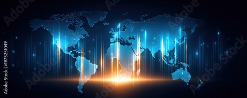 improving the efficiency of international trade markets concept. A futuristic digital world map glows with blue light and vertical light beams, symbolizing global connectivity and advanced technology.