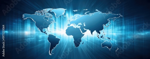 Concept of improving the efficiency of international trade markets. Digital world map glowing with blue light beams, representing global connectivity and data transmission.