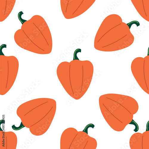 Orange bell pepper seamless pattern in flat hand-drawn style. Vector background with fresh sweet peppers for kitchen textile, vegetable packaging, organic restaurant decor, and healthy cooking blog wa