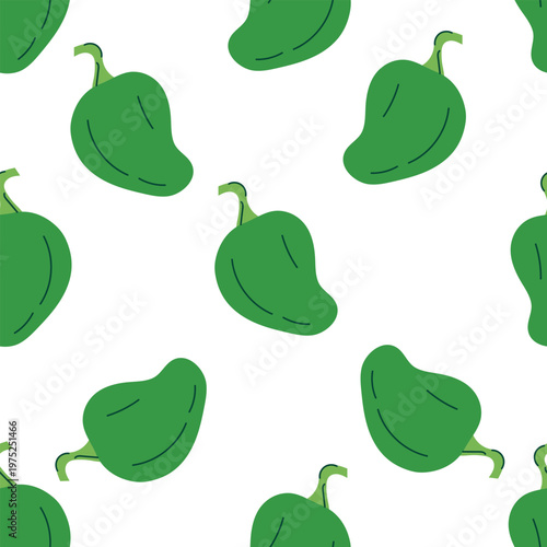 Green bell pepper seamless pattern in flat hand-drawn style. Vector background with fresh sweet peppers for kitchen textile, vegetable packaging, organic restaurant decor, and healthy cooking blog wal