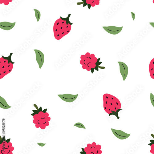 Strawberry and raspberry seamless pattern in flat hand-drawn style. Vector background with fresh summer berries and green leaves for kids textile, sweet food packaging, nursery decor, and healthy dess