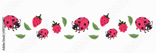 Ladybug and summer berries horizontal border in flat hand-drawn style. Vector illustration of cute ladybirds, strawberries, raspberries and green leaves for kids design, garden decor, organic food ban