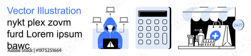 Cybersecurity, online payments, e-commerce, data protection, digital transactions, financial security. A hacker figure, a calculator and an online store graphic. Cybersecurity and online payments