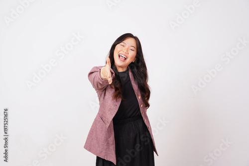 Cheerful Asian Woman Offering Handshake with Big Smile