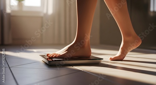 female feet stepping onto a sleek bedroom scale during a soft morning routine, captured mid-action with natural posture