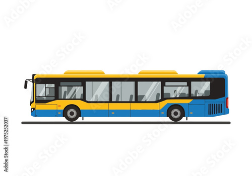 Modern public transportation bus in a side profile view with yellow and blue accents on a white background
