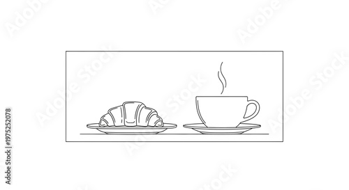 Hand-drawn croissant and steaming coffee cup on plates, minimalist breakfast illustration