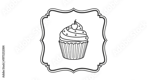 Hand-drawn cupcake illustration with cherry and polka dots inside a decorative frame