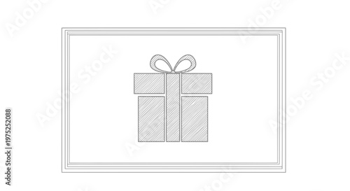 Hand-drawn gift box with ribbon and bow, minimalist sketch in a frame