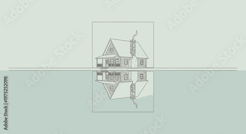 Hand-drawn house reflected in water, architectural sketch, minimalist design