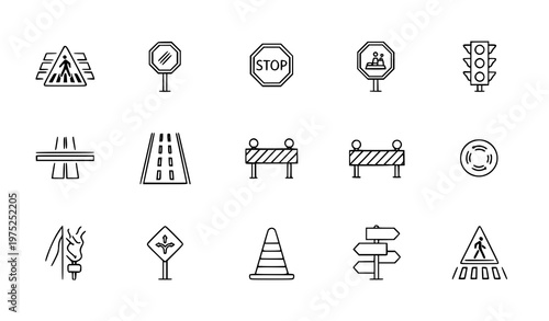 Minimal Road and Traffic Line Icons Set Crosswalk Highway Street Safety Symbols