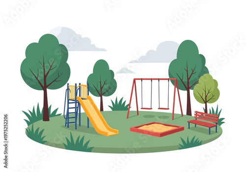 A colorful cartoon illustration of a playground with a slide, swings, and sandbox surrounded by trees and grass