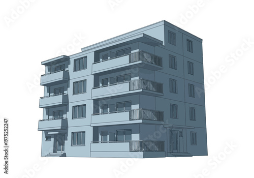 Modern apartment building with balconies rendered in a clean, minimalist style