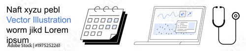 Healthcare planning, digital tools, medical services, efficiency, analytics, scheduling management. Calendar, statistical chart on laptop stethoscope. Healthcare planning and digital tools concepts