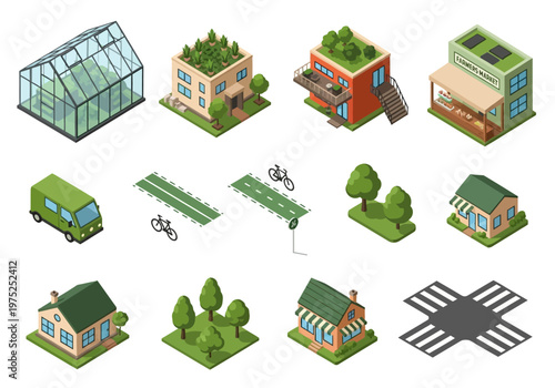 Isometric set of eco-friendly buildings, vehicles, and infrastructure for sustainable city development