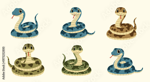 Set of six colorful snakes in different patterns and colors coiled up and smiling with friendly expressions.