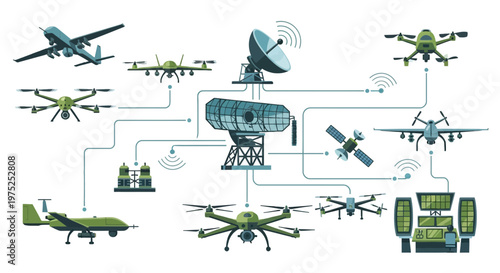 Military Drone Swarm and Radar System Network, Unmanned Aerial Vehicle (UAV) Surveillance Technology Vector Illustration