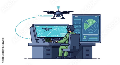 Military Operator Controlling Drone from Command Center Station Vector Illustration