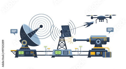 Modern air defense system illustration with satellite radar, laser weapon, and military drone monitoring technology.