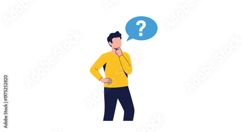 Man standing in a casual pose with a hand on his chin looks up at a blue speech bubble with a white question mark.