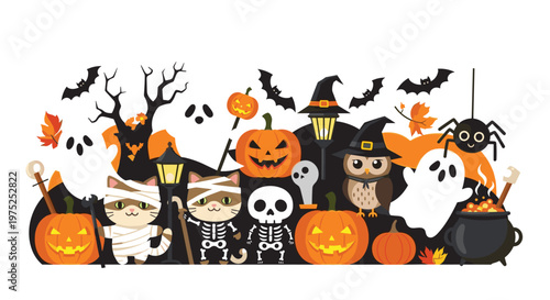 Colorful halloween composition featuring pumpkins ghosts black cats in costumes skeletons and bats on a white background.