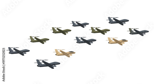 Swarm of military UAV drones in flying formation, unmanned aerial vehicle vector illustration for defense and surveillance.