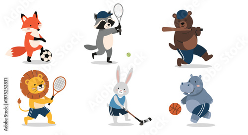 Set of cute cartoon animals playing various sports including soccer tennis baseball hockey and basketball for children.