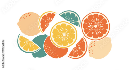 Assorted citrus fruit slices including oranges lemons and grapefruits arranged in a vibrant and fresh flat design style.