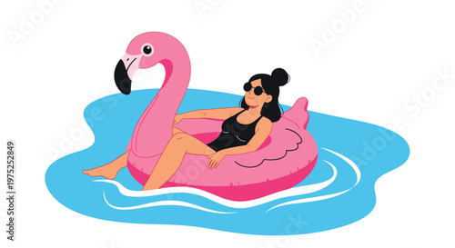 Relaxed young woman in black swimsuit and sunglasses floating on a pink flamingo inflatable ring in a blue swimming pool.