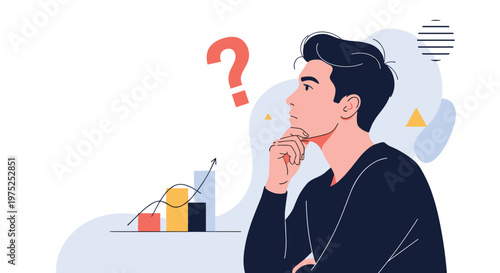 Pensive young man thinking and looking for solutions with a question mark and rising bar chart in the background.