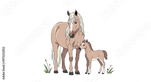 Beautiful brown horse standing protectively next to its small foal in a field with green grass and wild plants.