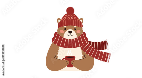 Cozy cartoon bear wearing a red knitted hat and striped scarf while holding a warm mug of hot cocoa in winter.