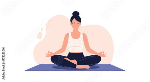 Peaceful woman sitting in a lotus pose and practicing meditation for mindfulness and mental health against a soft abstract background.