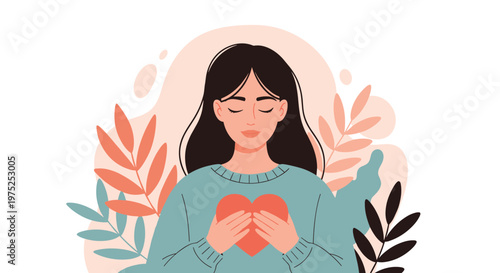 Calm young woman with long dark hair closing her eyes and holding a red heart to her chest surrounded by colorful autumn leaves.