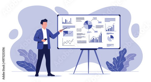 Professional businessman using a pointer to explain various financial charts and data graphs on a whiteboard during a meeting.