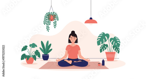 Young woman sitting in a lotus position and meditating in a room filled with various green indoor plants and a warm lamp.