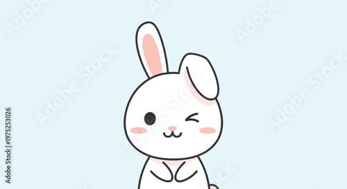 Adorable white cartoon bunny rabbit with pink cheeks winking playfully against a soft light blue background for children.