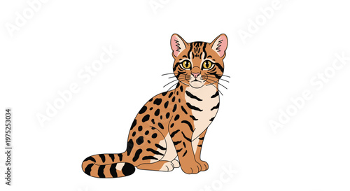Beautiful wild leopard cat with a spotted coat and striped tail sitting and looking forward on a plain white background.