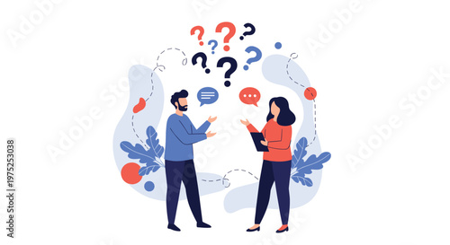 Man and woman having a conversation with various question marks floating above them against an abstract blue background.