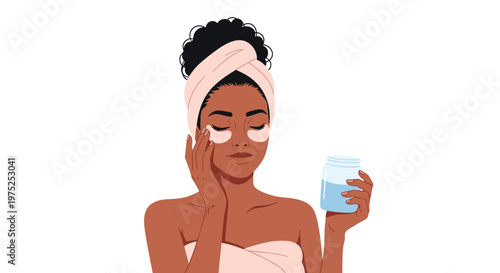Beautiful young black woman with a hair towel and eye patches holding a jar of skin care product for a beauty routine.