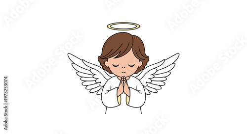 Adorable little angel child with white wings and a golden halo closing eyes and praying on a plain white background.