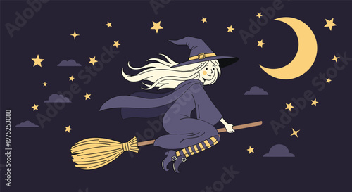 Young witch with long blonde hair flying on a wooden broom across a starry night sky with a crescent moon and clouds.