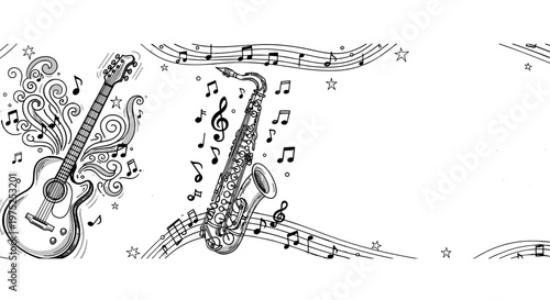 Musical instruments and notes illustration with musical symbols and staff