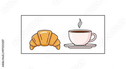 Fresh Croissant and Hot Coffee Cup with Steam, Breakfast Pastry and Beverage
