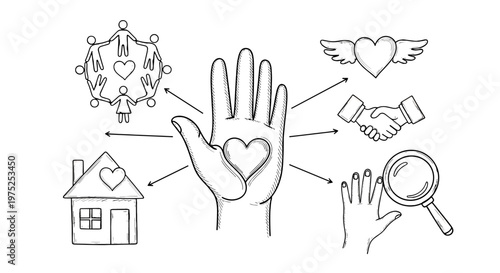 Collection of handdrawn icons representing love family home and care